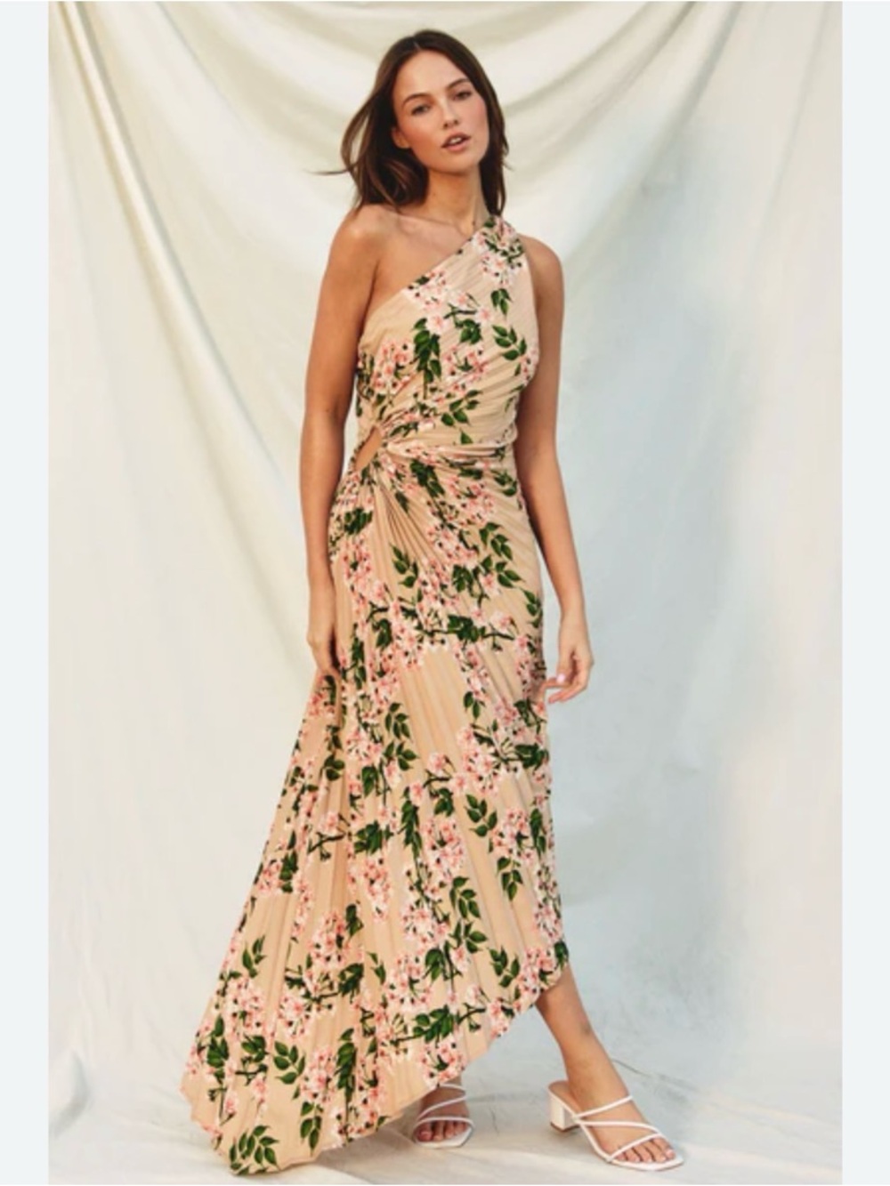 Dress Forum One-Shoulder Floral Maxi Dress in Beige, Green, Pink